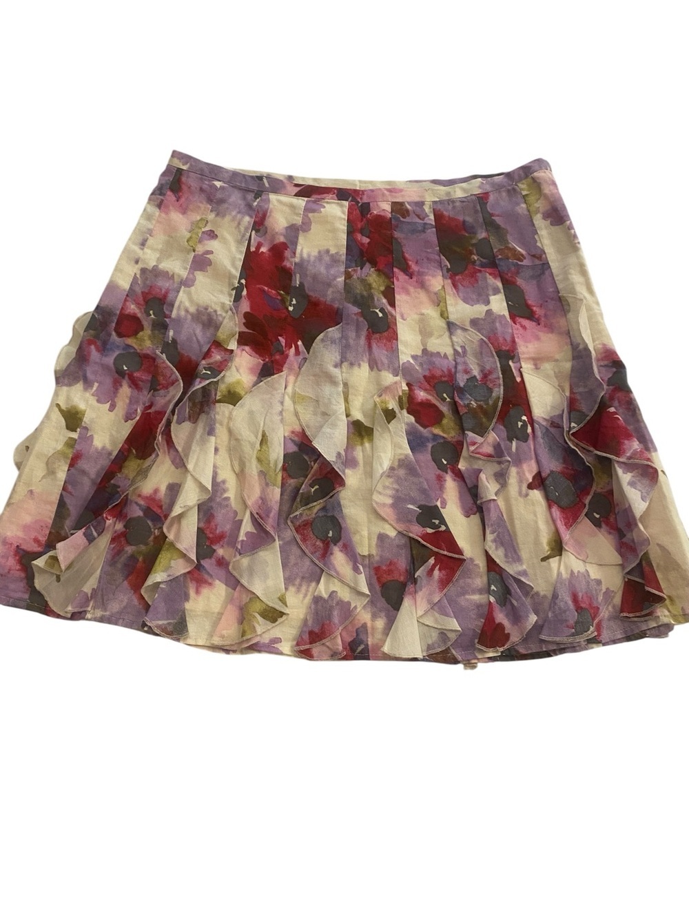 LOFT women’s ruffled feminine mini skirt cream purple lined size 6